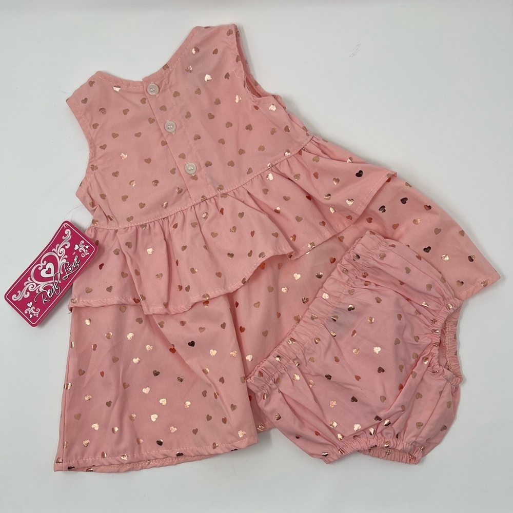REAL LOVE PINK SHINY HEARTS DRESS & BLOOMERS RUFFLE & BOW SZ 12 MONTHS - Picture 6 of 11